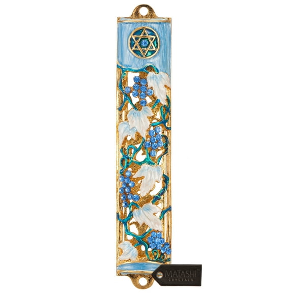 Matashi Hand Painted 6 Inch Blue and Ivory Enamel Grape Mezuzah Embellished with Gold Accents and High Quality Crystals
