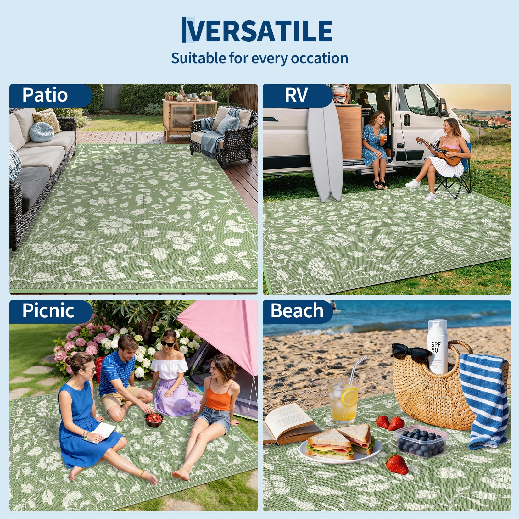 Garvee 10'x14' Outdoor Rug Waterproof Floral Camping Carpet, Reversible Plastic Straw Rug Outdoor Rug for Patio RV Balcony Backyard, Green