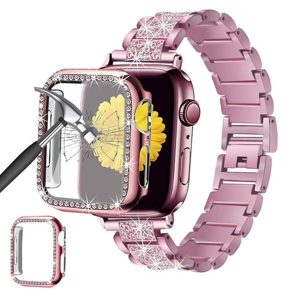 Antank Compatible for Apple Watch Series 7 45mm Band with Screen Protector Case Jewelry Replacement Metal Strap & 2-Pack Bling Full Cover Protective Case