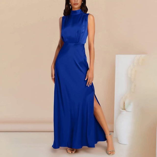 Lenago Robes Grande Taille pour Invitées de Mariage pour Femmes Mode Femmes Été Uni Décontracté Col Rond Sans Manches Fente Haute Robe Maxi Robes d'Été de Plage en Liquidation