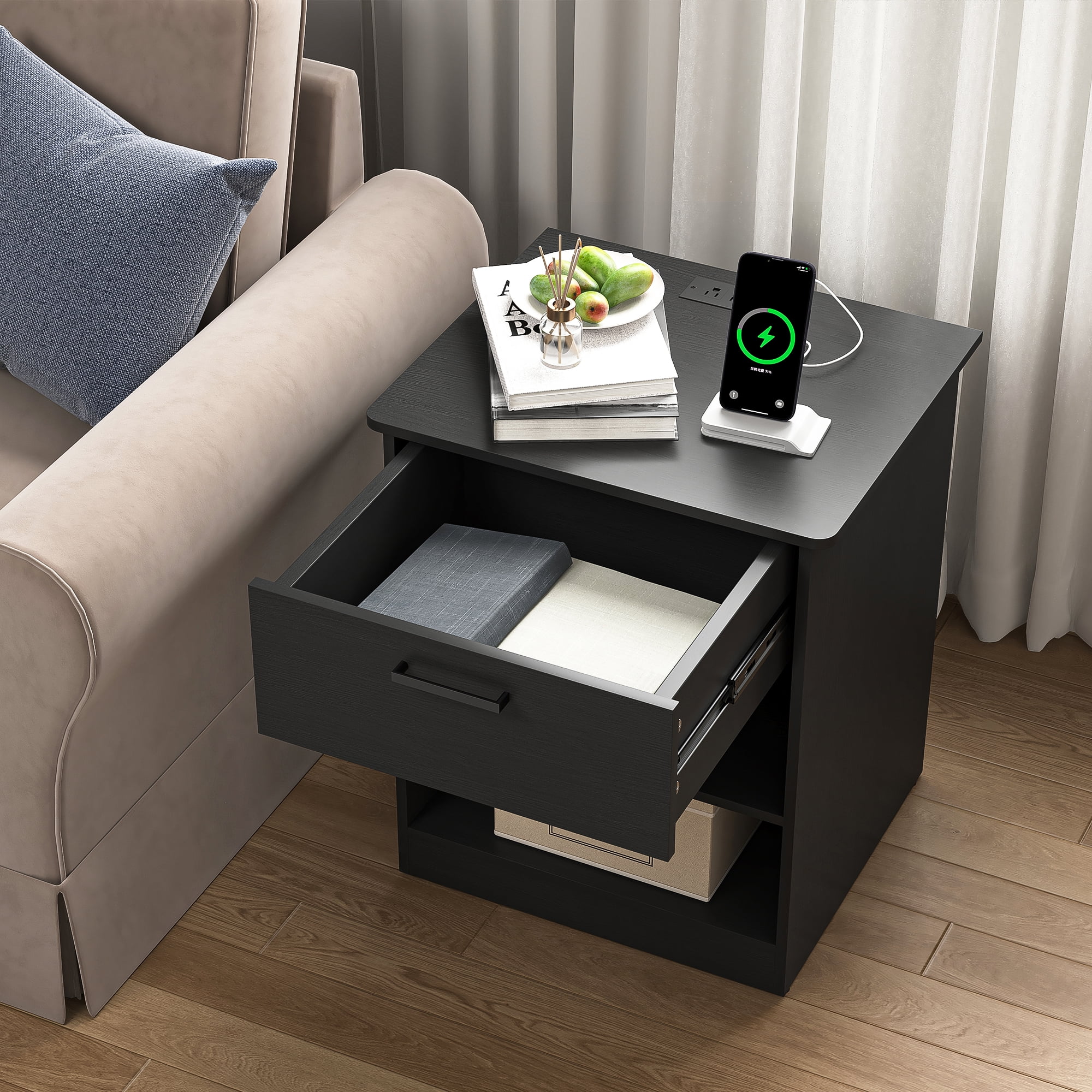 Demi Bonn 18.9" Side Table with Fast Charging Station USB C Cable Fast Charging, Wood End Table Nightstand with Drawer and Shelf for Living Room, Black