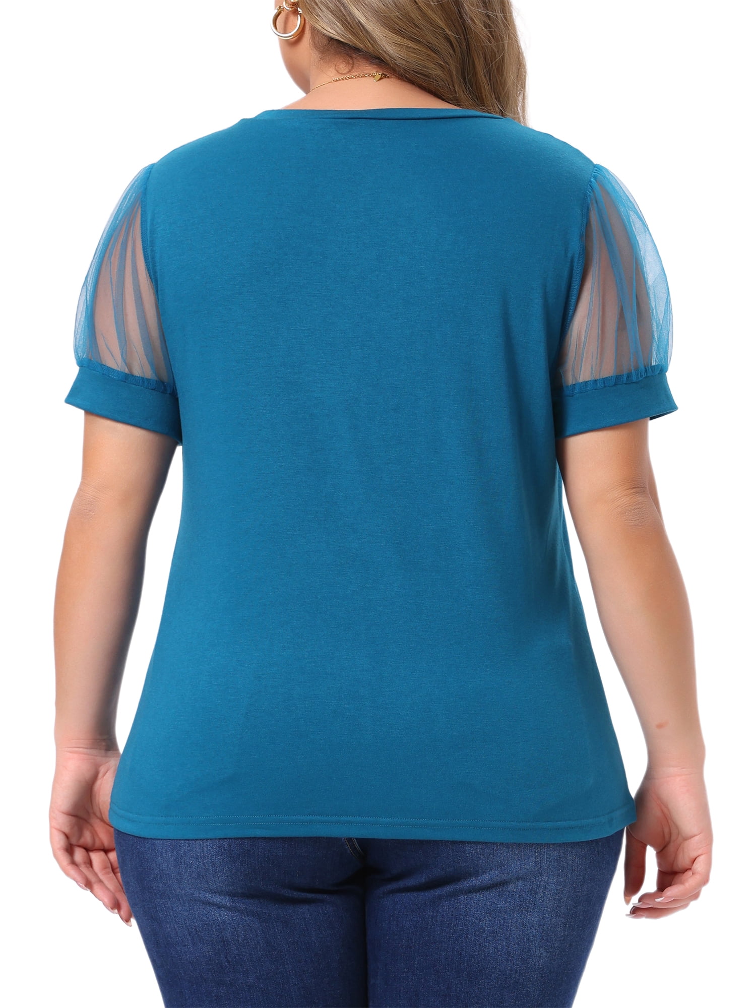 DARING DIVA Women's Plus Casual Crew Neck Mesh T Shirt Blouse Tops 2X Blue