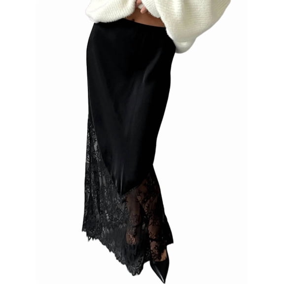 Women's Elastic High Waisted Lace Panel Maxi Skirt Trendy Sheer Mesh Long Skirt Black S