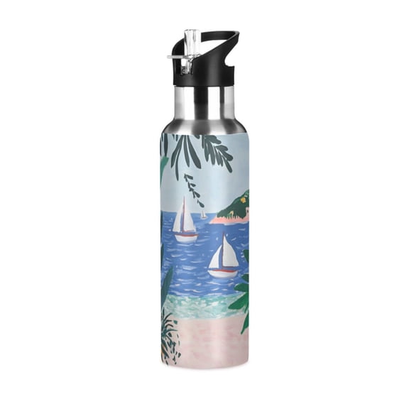 Yayeee 20oz Insulated Water Bottle Double Wall Stainless Steel with Flip Straw Lid, Pink Seaside