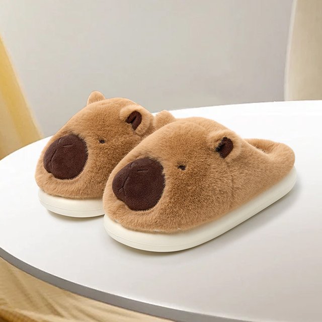Pantuflas de capibara de peluche, pantuflas peludas de animales, cómodas y antideslizantes para hombres y mujeres (Caqui 42-43)