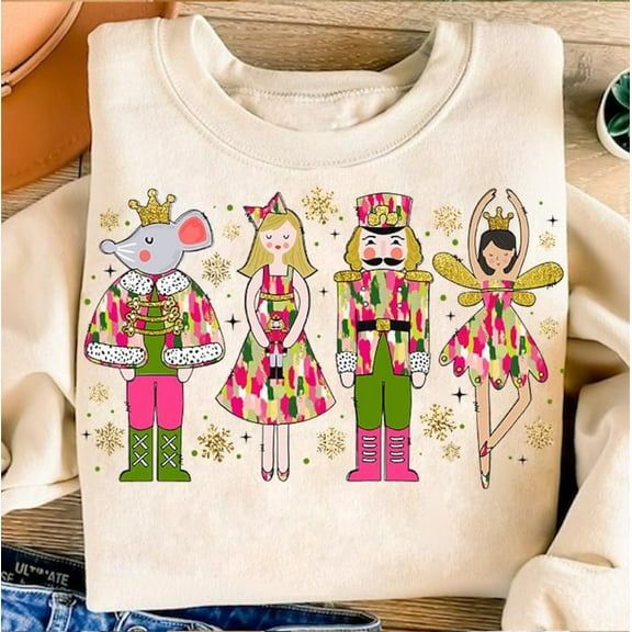 Glitter Nutcracker Christmas Sweater, Preppy Holiday Vibes Brushstroke Tree Nutcracker Sweatshirt