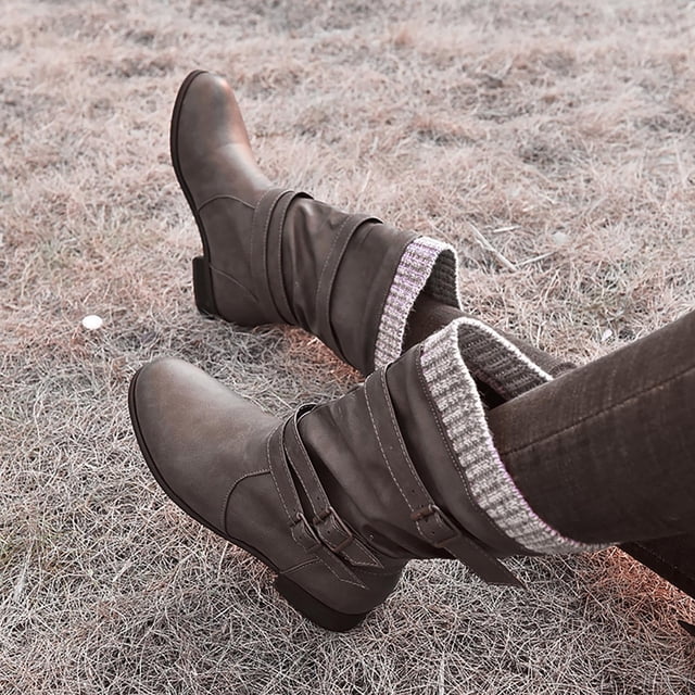 Babysbule Bottes pour Femmes Hiver Femmes Hiver Bride à Boucle Talons Épais à Enfiler Rétro Chaussures pour Dames