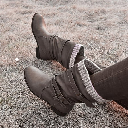 

Tejiojio Clearance Women Boots Winter Buckle Strap Chunky Heels Slip On Retro Ladies Footwear Shoes