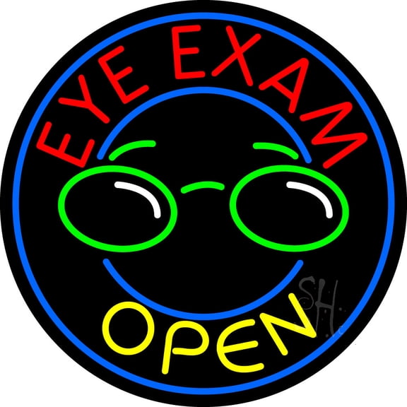 Round Eye Exam Open LED Neon Sign 26 x 26 - inches, Black Square Cut Acrylic Backing, with Dimmer - Bright and Premium built indoor LED Neon Sign for Defence Force.