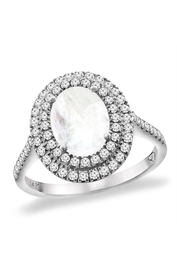 14K White Gold Natural Rainbow Moonstone Two Halo Diamond Engagement Ring 9x7 mm Oval, size 5