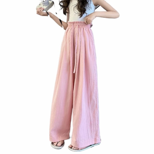MIASHUI Girls Summer Pants Lightweight Ice Silk Wide Leg Pants Casual Loose Fit,Pink,8-9 Years