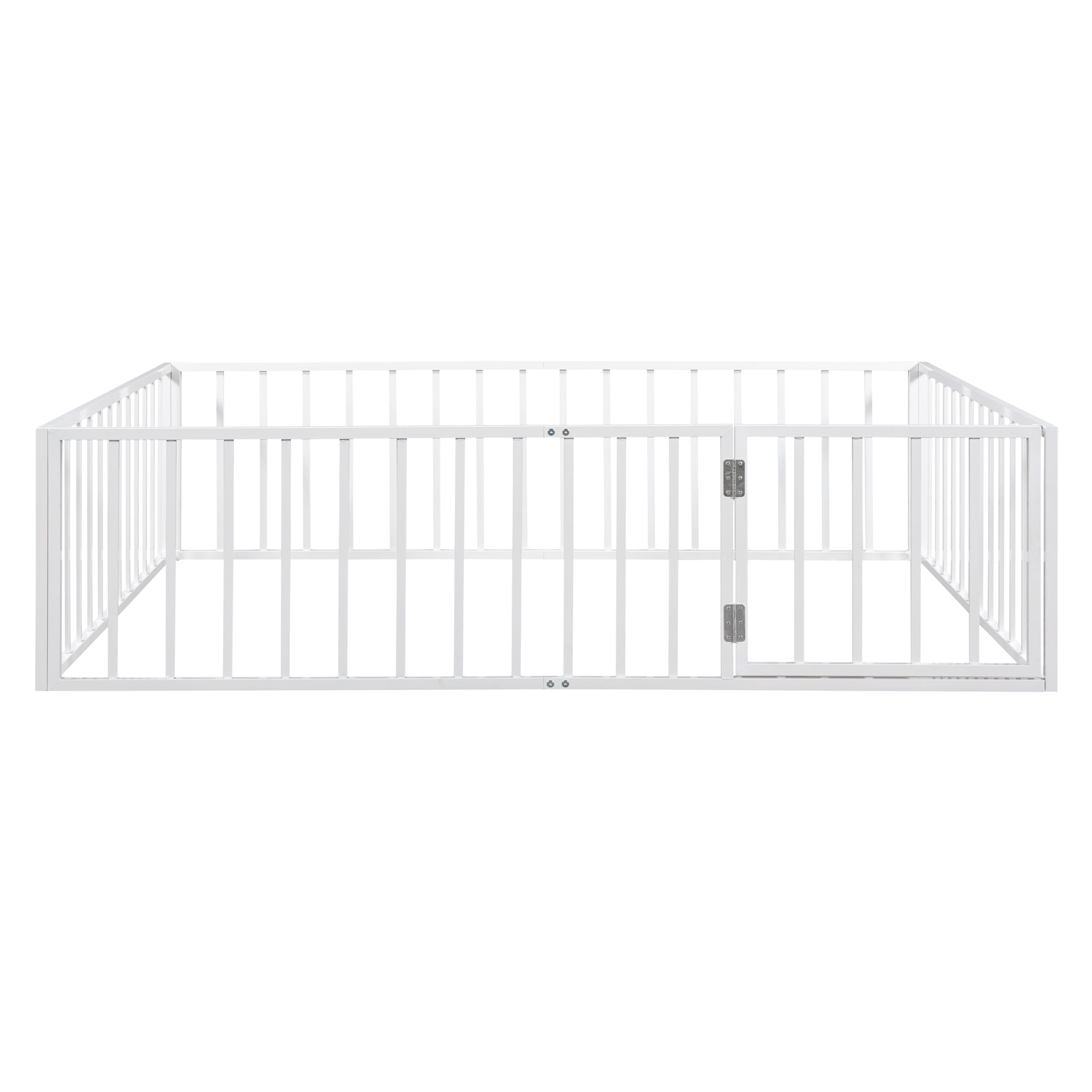 Gewnee Queen Size Toddler Bed, Metal Floor Bed Frame with Fence and Door,White
