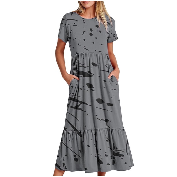Vestido de Manga Corta para Mujeres Vestido de Verano de Cuello Redondo Impreso, Poliéster de Tamaño Verdadero Diario Y Vestido de Fiesta
