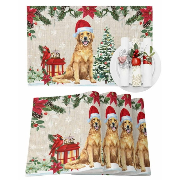 Christmas Dog Placemats Set of 2 Winter Snowflake Christmas Tree Poinsettia Heat Insulation Washable Place Mats, Rustic Non-Slip Table Mats for Dining Table Party Kitchen Decor,13x19 Inch