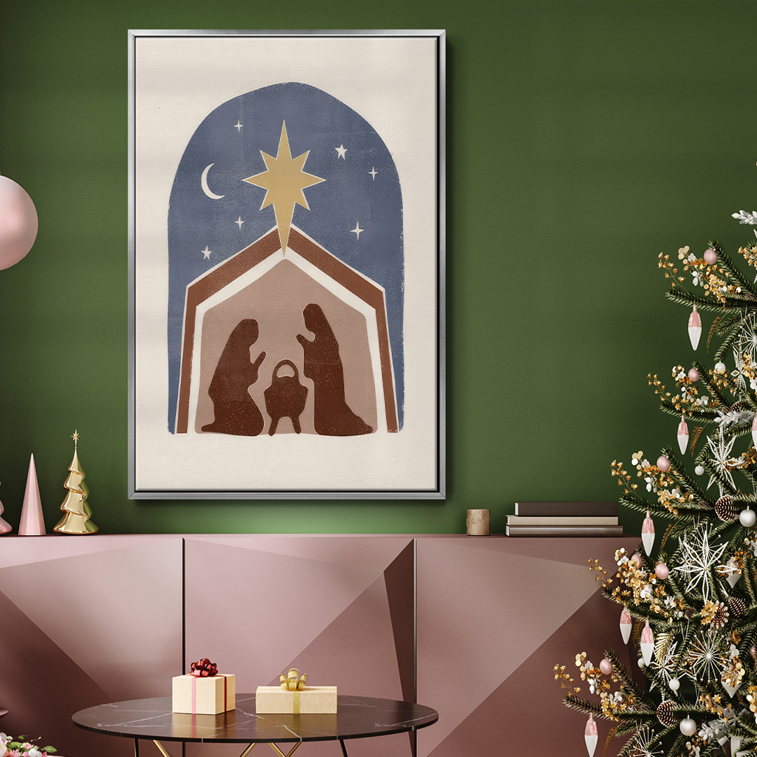 Boho Nativity I - Framed Gallery Wrapped Holiday Canvas - 27 x 41 - Silver Frame