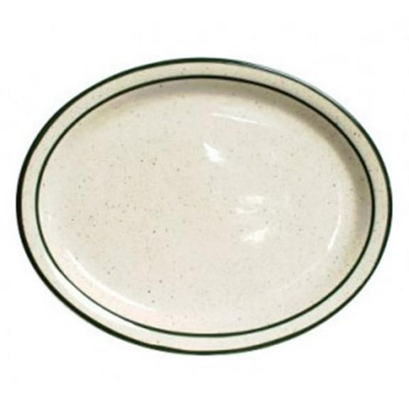 Tuxton China TES-014 Emerald 13.25 in. x 11.13 in. Narrow Rim with Green Speckle Oval Platter - American White - 1 Dozen