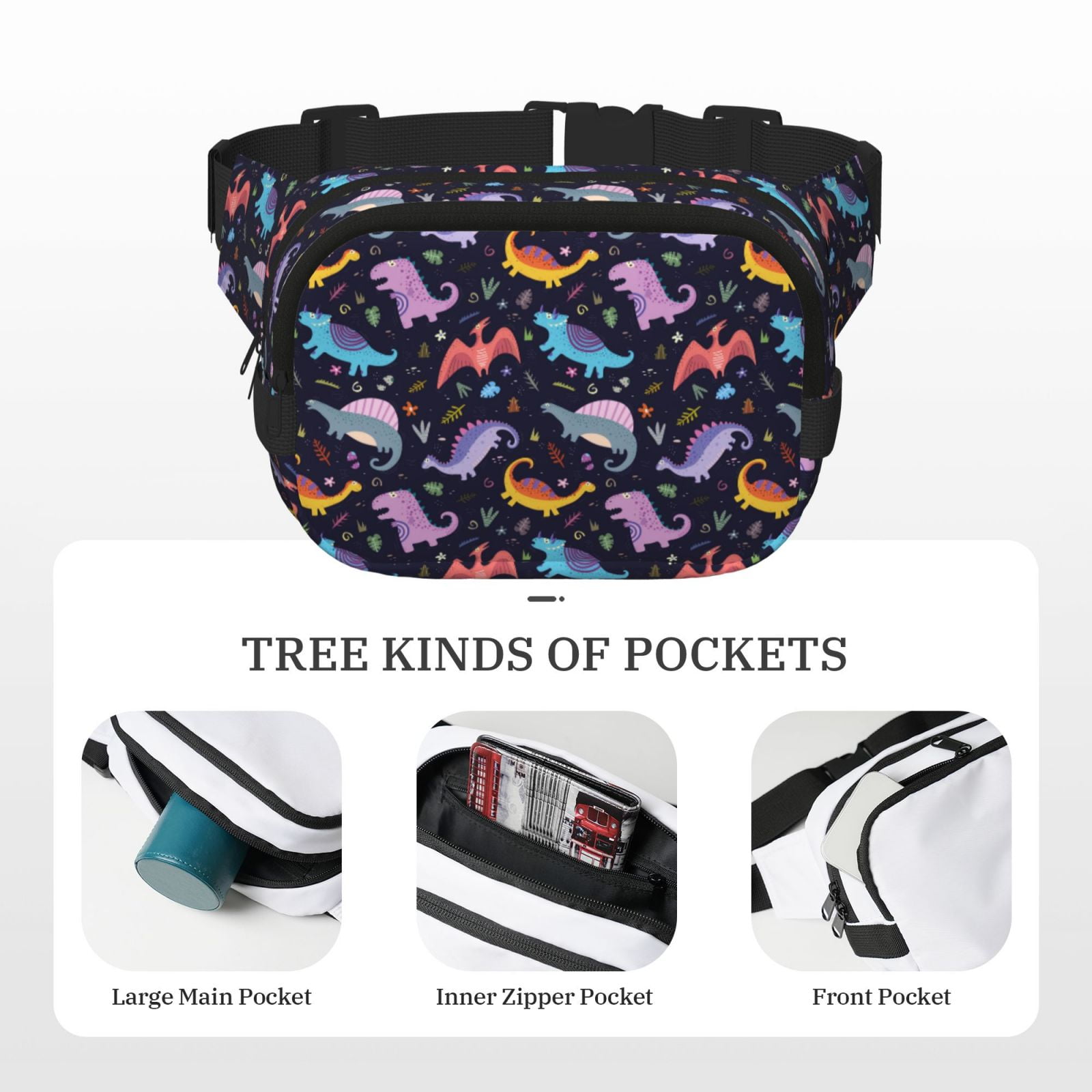 Kdxio Cartoon Dinosaur Crossbody Double Layer Waist Bag Belt Bag for Unisex Fanny Pack Fashion Waist Packs for Hiking Running Shopping Traveling