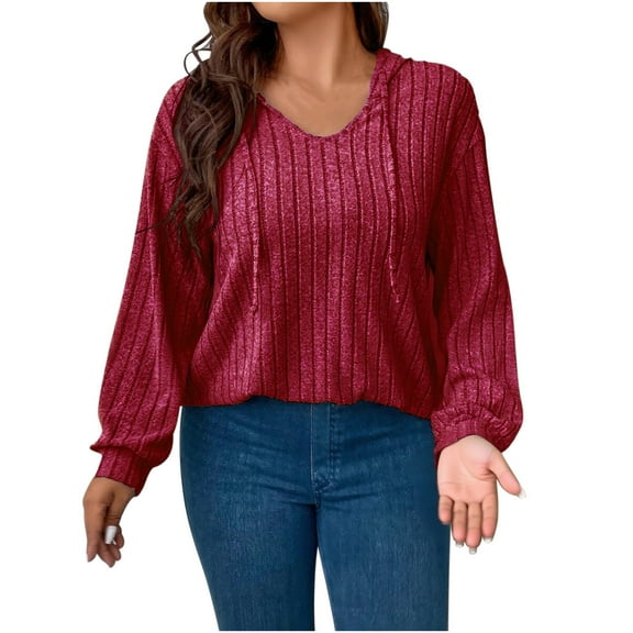 Ltctricy Plus Size Tops for Women Casual Loose Long Sleeve V Neck Curved Hem Ribbed Knit T Shirts Lightweight Tunic Hoodies(Wine,X-Large)