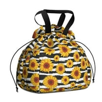 Sunflowers Striped Black and White Drawstring Lunch Bag Women - Drawstring Lunch Bag Insulated for Work Office - Stain-Resistant Large Lunchbags for Women with Multi-Pockets
