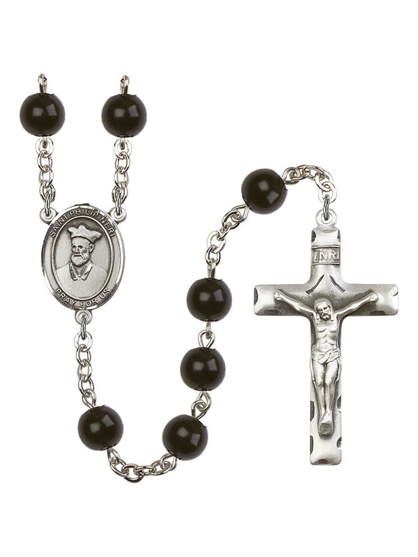 St. Philip Neri SilverPlated Rosary 7mm Black Onyx Beads Crucifix Size