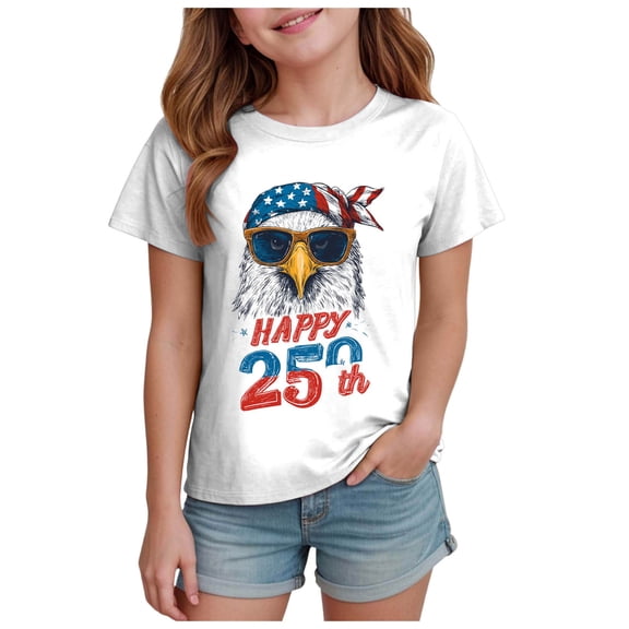 Karoyedx Little Girls Summer Clothes 4th of July Shirts for Girls American Shirt USA Graphic Tees Memorial Day T-Shirt Independence Day Outfit for Kids White Size,13-14 Years