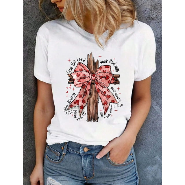 Valentine's Day Bow Graphic Print T-Shirt, Short Sleeve Crew Neck Casual Top For Summer & Spring, Women's Clothing Tee For Adult, Men, Women, Teen, Teenager, Adolescent, Youth