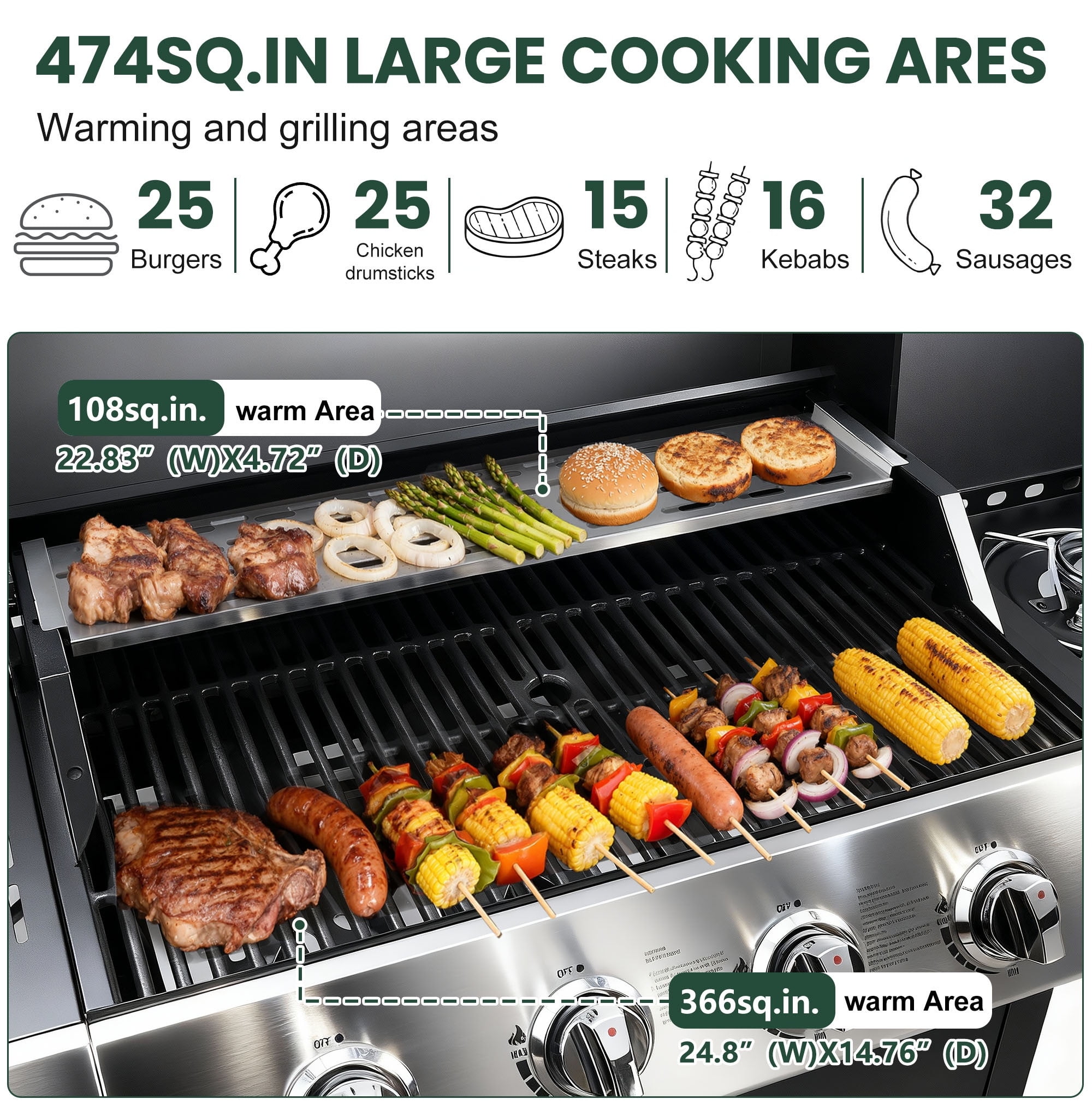 Seizeen 4-Burner Propane Gas Grill, 51,000BTU Outdoor BBQ Griddle