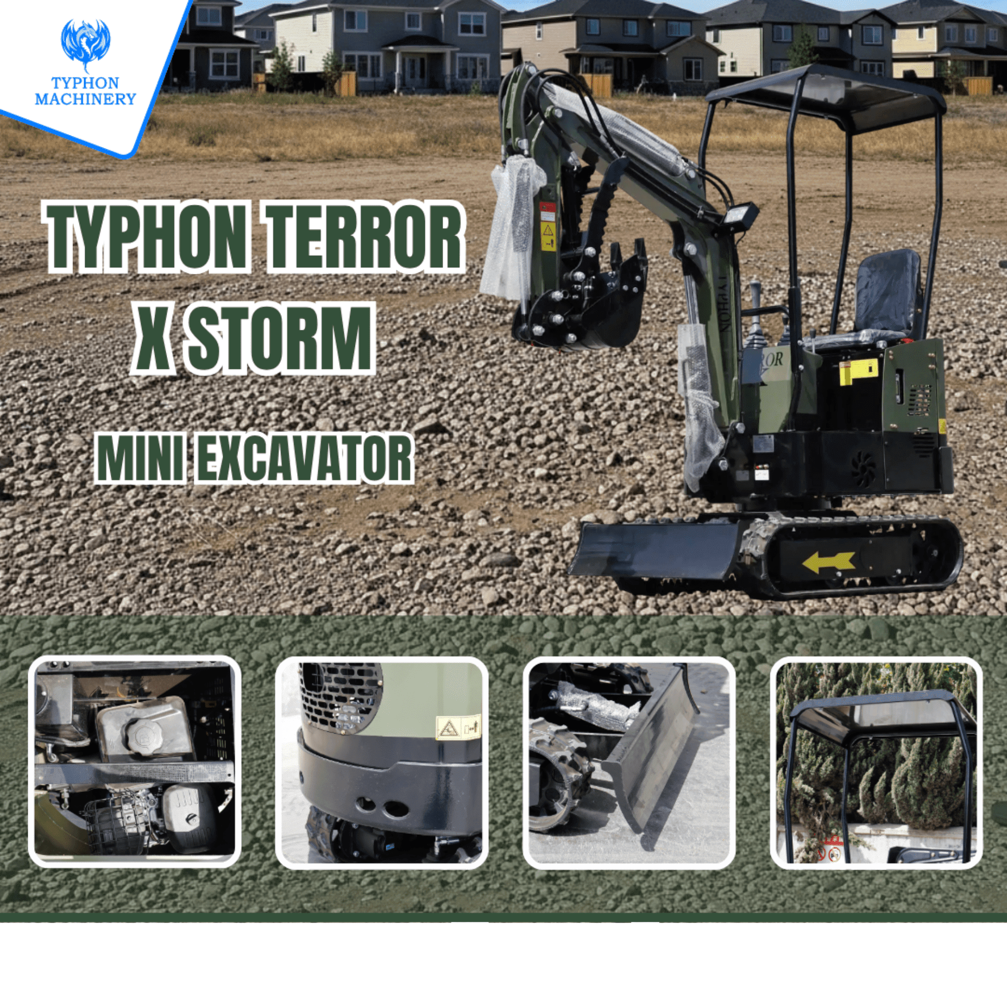 TYPHON TERROR X STORM Mini Excavator Machine – 1 Ton Trench Digger with Canopy, Hydraulic Thumb Clip, Bucket USA