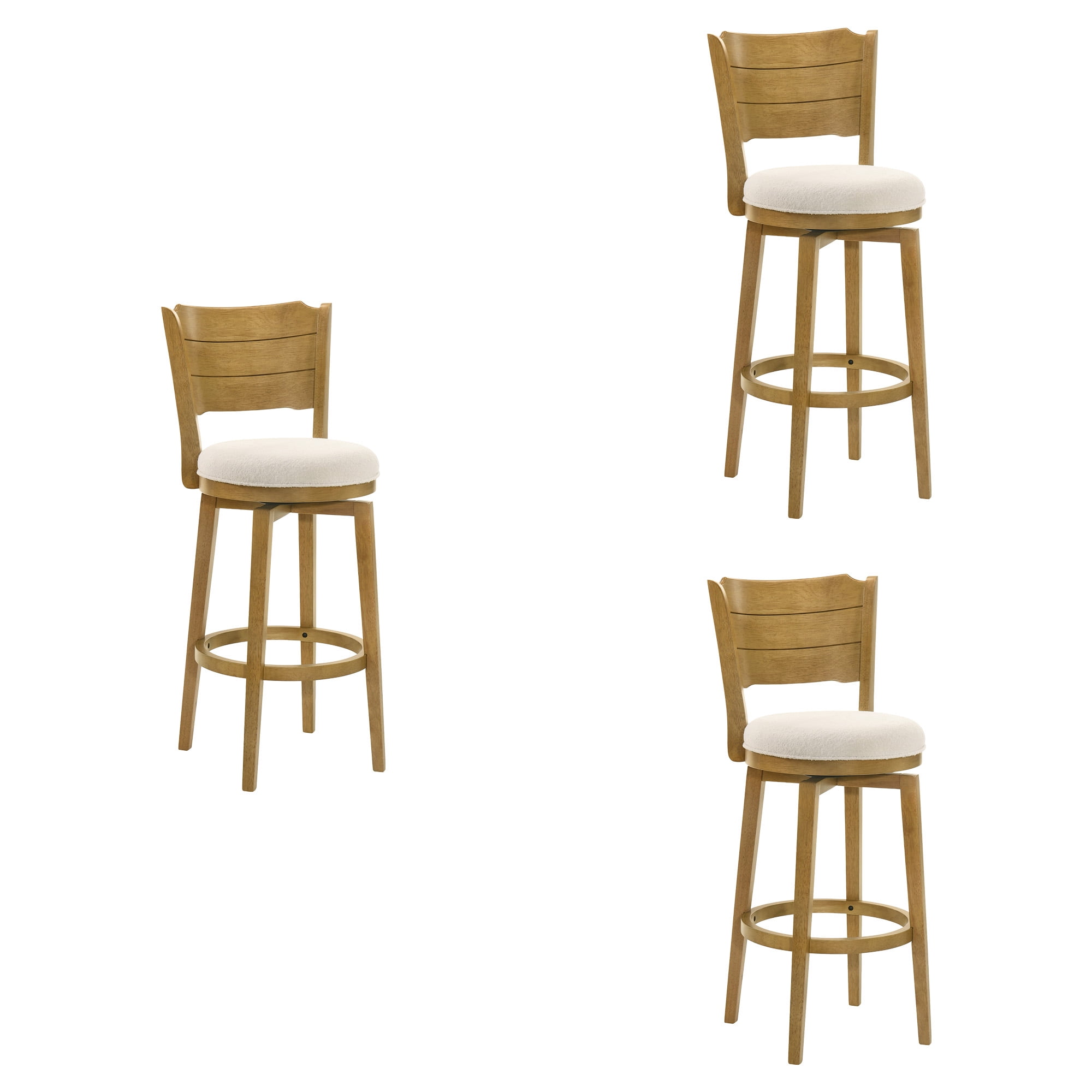 Winsley Coastal Modern Swivel Wood Bar Height Kitchen Bar Stool in Amber Glow Finish with White Boucle Fabric Upholstered Seat - Set of 3