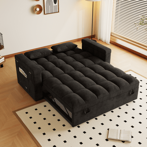 65" Compact 3-in-1 Sofa Bed, Pull-Out Loveseat Sleeper with Built-in USB Ports, Side Table & Storage Arms, Velvet Couch for Studios, Home Office & Guests