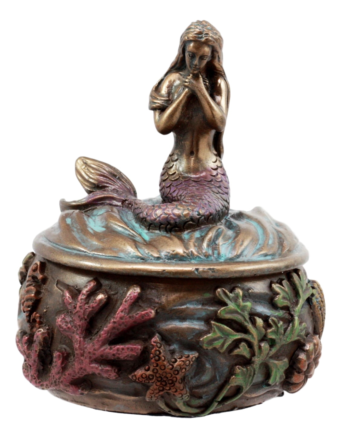 Ebros Beautiful Mermaid Tefiti Praying Round Jewelry Box Figurine 3.25"H Small Nautical Starfish Coral Decorative Trinket Keepsake