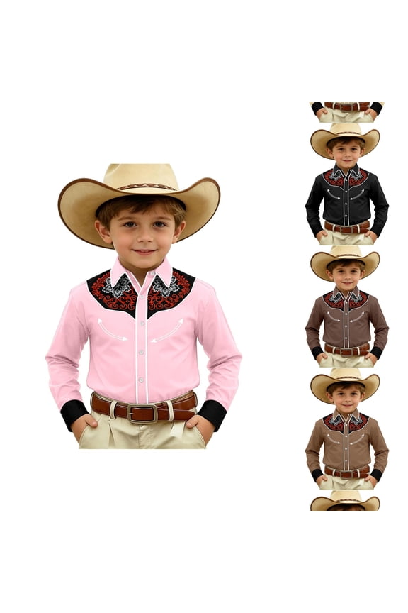 Boys Rodeo Cowboy Shirt Rustic Desert Cactus Pattern Long Sleeve Turn Down Collar Button Down Blouse 4-11Y