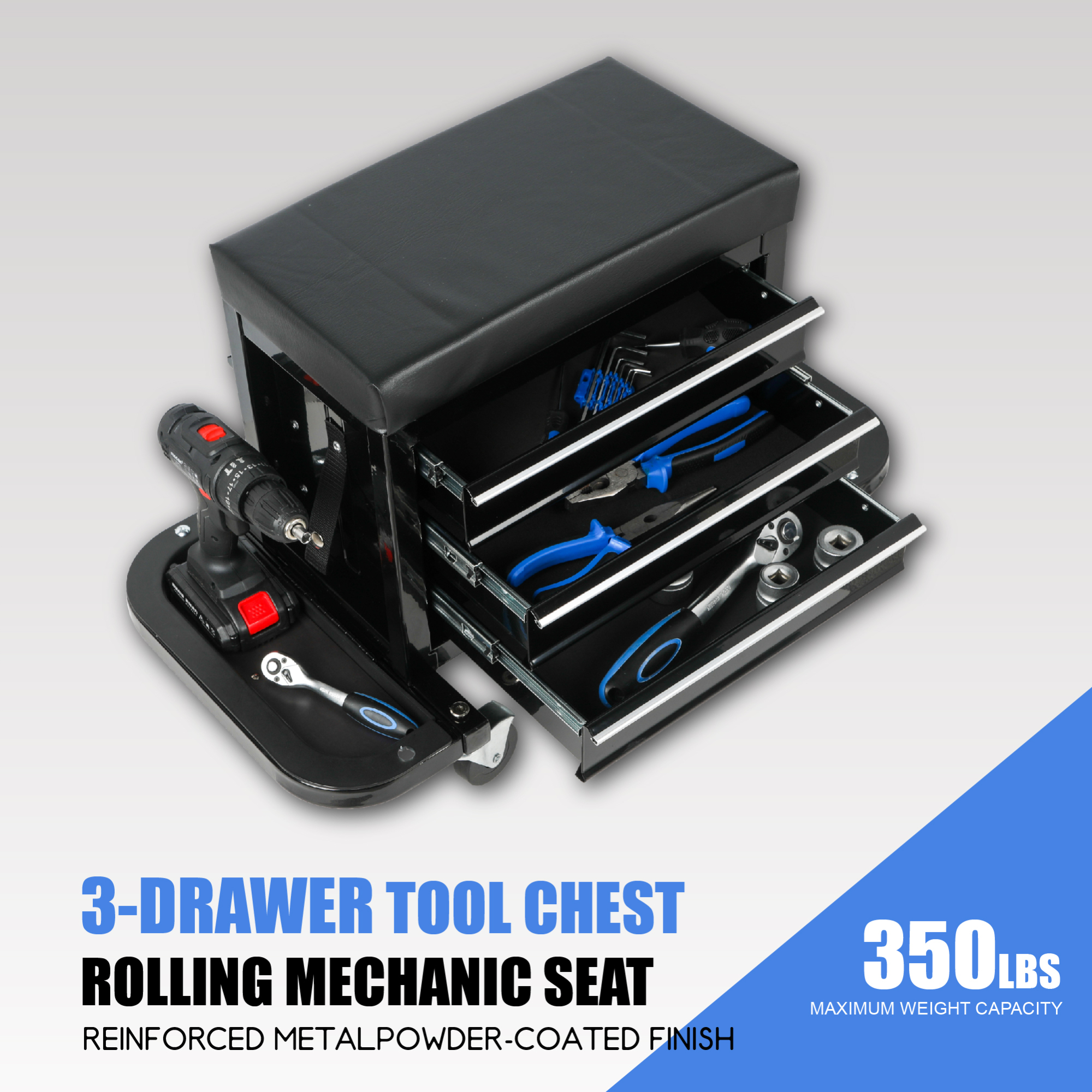 3 Drawer Tool Chest Rolling Mechanic Seat with Tool Trays, 350 lbs Max Weight Capacity, Metal Tool Cart for Garage Workshop,Black