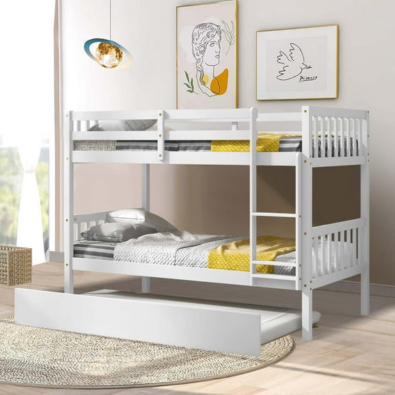 Aukfa Twin over Twin Bunk Bed with Trundle, Wooden Bunk Bed Frame for Kids - White