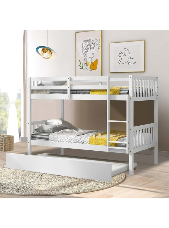 Aukfa Twin over Twin Bunk Bed with Trundle, Wooden Bunk Bed Frame for Kids - White