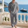 thumbnail image 2 of Felirenzacia Casual Summer Matching Set for Men – Cotton Linen Henley Shirt and Drawstring Pants, Long Sleeve Lightweight Yoga Outfit for Travel, Lounge, and Beach Wear, 2 of 7