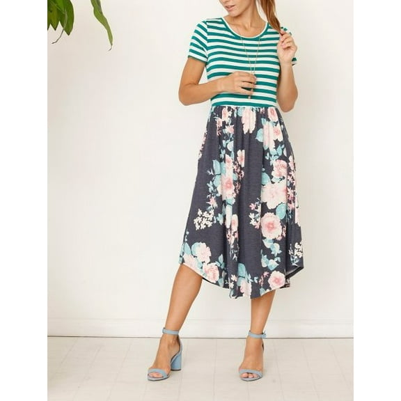 Eloges Navy Pink Floral Short Sleeve Midi Dress - 1X