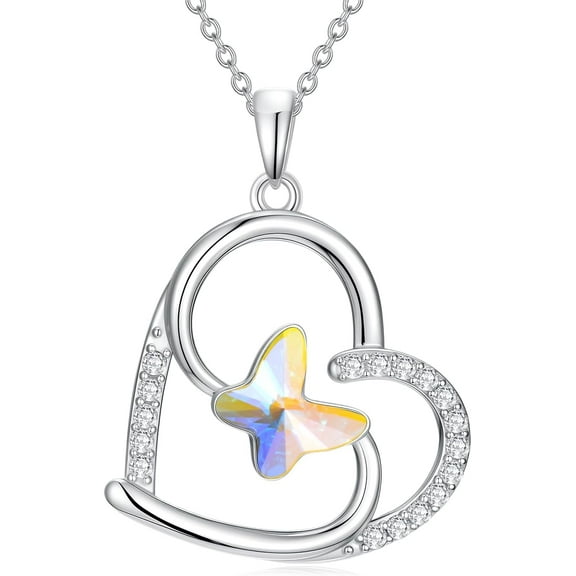 THOYAS Butterfly Necklace for Women 925 Sterling Silver Heart Butterfly Pendant Necklace Embellished with Crystals