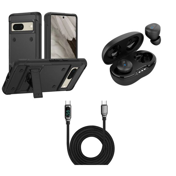 Accessories Bundle for Google Pixel 7a - Impact Resistant Kickstand Armor Case (Black), Wireless Earbuds with Charging Case, Digital LED Display USB-C to USB-C Cable (3.3 Feet)