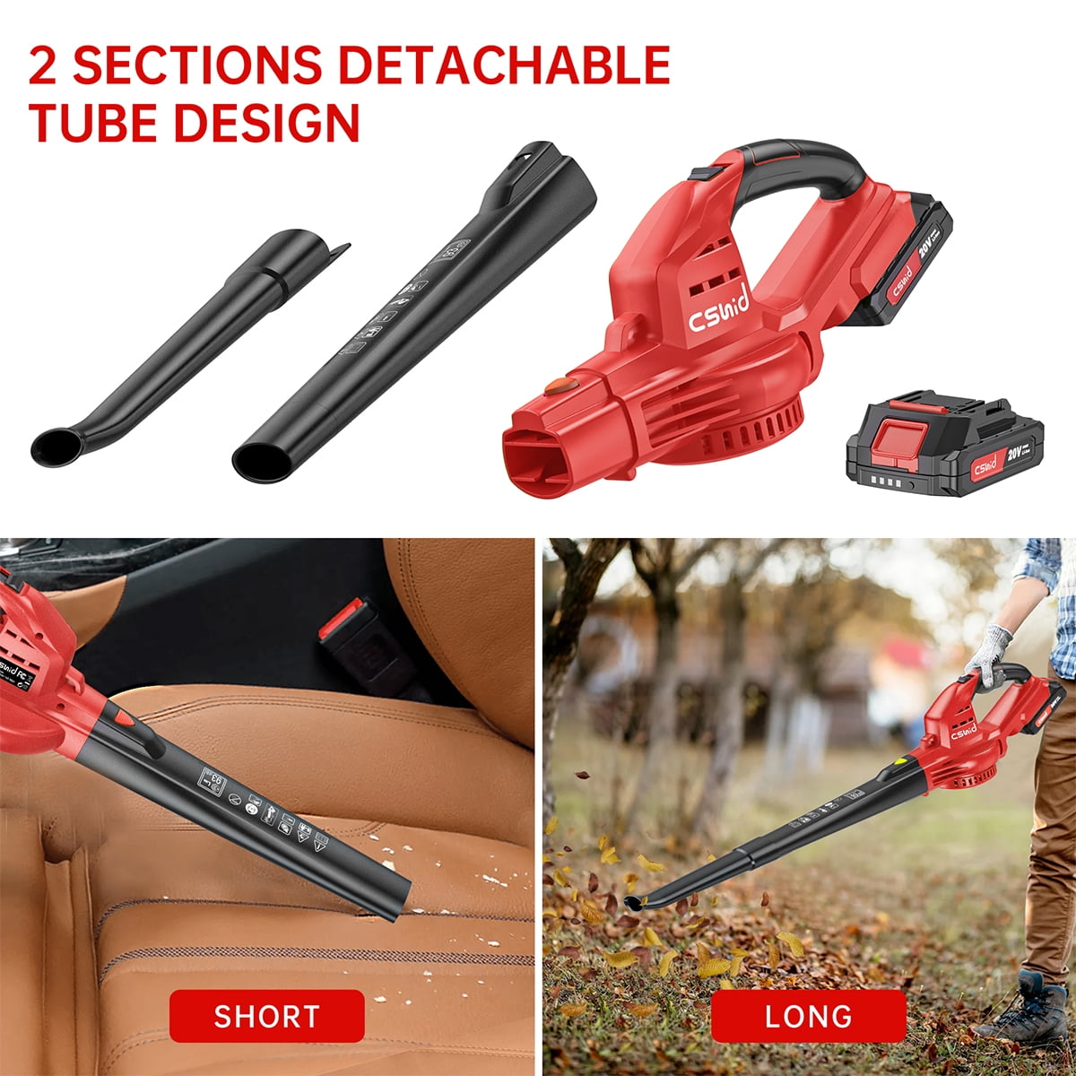 Cordless Leaf Blower, 20V Handheld Electric Leaf Blowers with 2 x Battery & Charger, 2 Speed Mode, 320CFM 165MPH, Lightweight Battery Powered Leaf Blowers for Leaf/Snow/Dust Blowing, Red