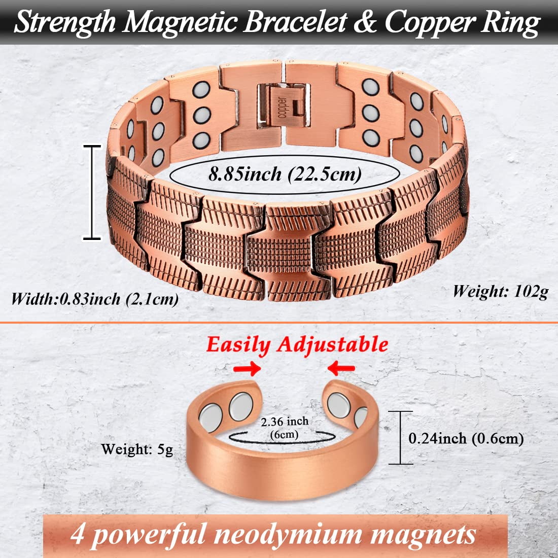 Wollet 99.9% Pure Copper Magnetic Bracelet Set , Valentine's Day Jewelry Gifts for Men 8.66in（22cm）