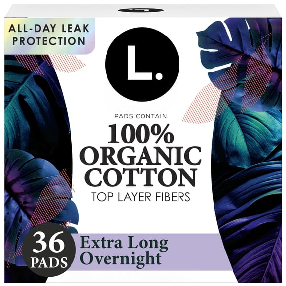 Toallas sanitarias L. Ultra delgadas de algodón orgánico para la noche, 36 unidades
