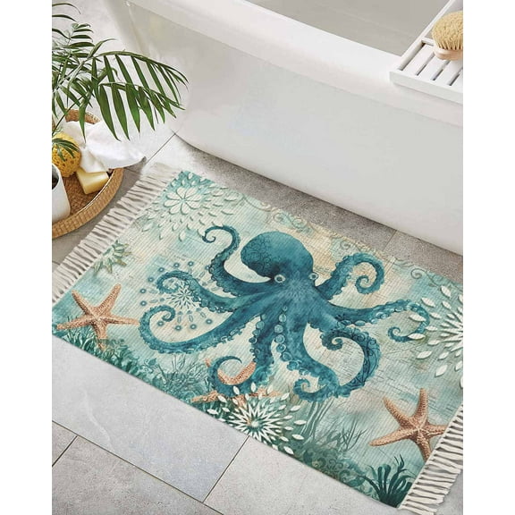 Coastal Octopus Bath Rug 2x3ft Woven Bathroom Entryway Runner Rug,Teal Nautical Beach Starfish Vintage Washable Living Room Hallway Bedroom Kitchen Carpet with Tassels,Indoor Outdoor Throw Doormat