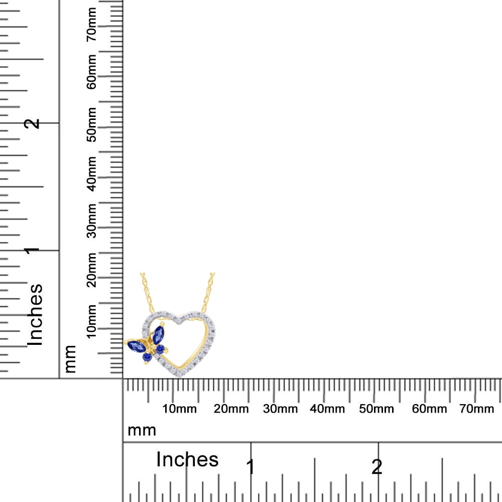 14k Yellow Gold Over Sterling Silver Simulated Blue Sapphire And Sparkling White Cubic Zirconia Butterfly Open Heart Pendant Necklace With 18" Chain