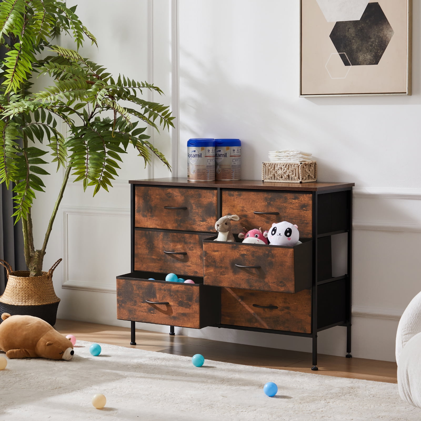 Aidoly Bedroom Dresser, 6 Storage Drawers, Anti-Tip Wide Fabric Closet Chests Organizer Tower Furniture with Wooden Top Metal Frame for Living Room, Hallway, Entryway, Rust