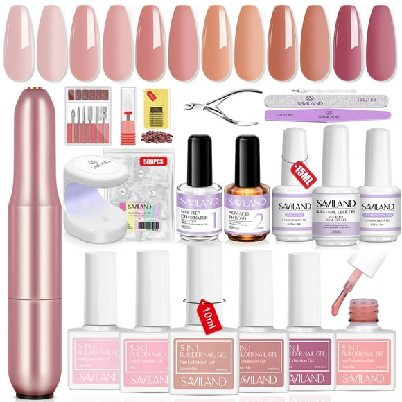 SAVILAND Builder Nail Gel Kit with Nail Drill: Castor Oil Vitamin E Builder Nail Gel in a Bottle 6 Colors 10 ml Hard Gel for Nails Strengthener Extension Gel Mini UV Lam