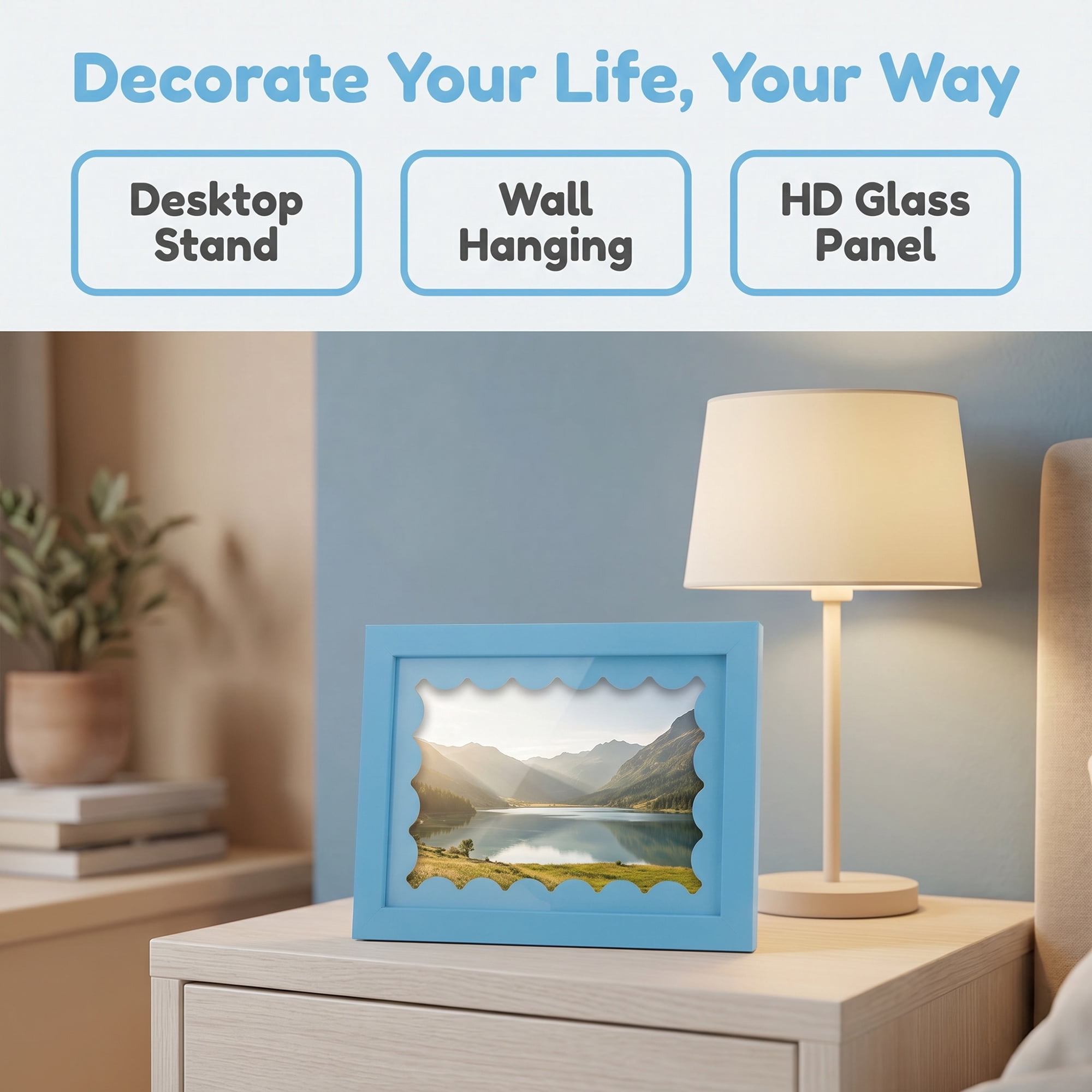 Unique Bargains MDF Wood Cute Wavy Picture Frame Blue 4" x 6"