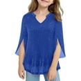thumbnail image 2 of jobturf Shirts for Girls Summer Sparkly Ruffle 3/4 Length Sleeve Party Tops Dressy Casual V Neck Side Slit Blouses Size 3-14 Years, 2 of 5