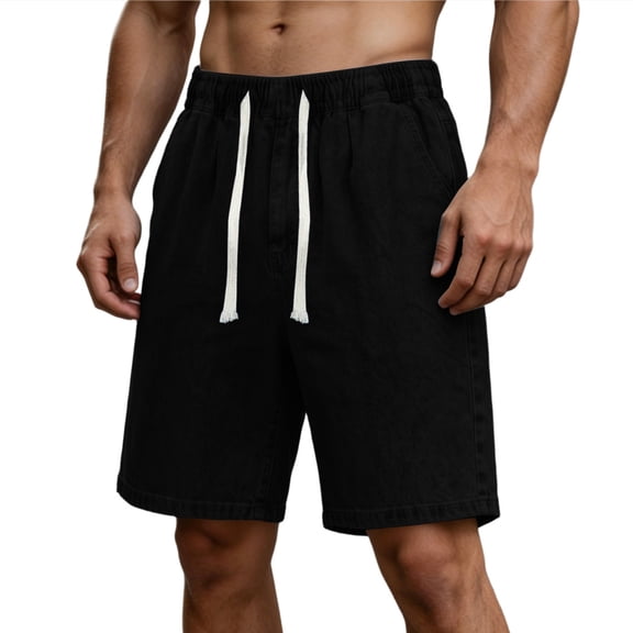 Vhkiploz Summer Denim Bermuda Shorts for Men's Drawstring Beachwear Board Shorts Solid Color Daily Wide Leg Running Shorts with Side Pockets