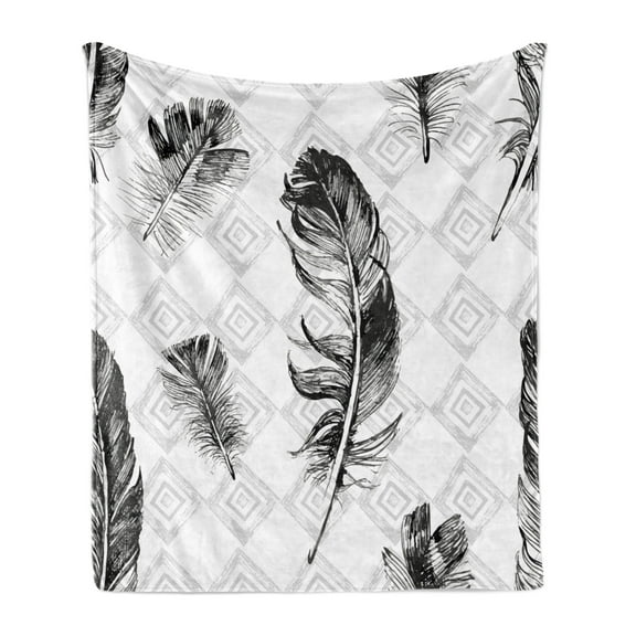 Feather Soft Flannel Fleece Blanket, Faded Geometric Backdrop Nested Squares Mosaic Pattern Fluffy Wings Fly, Cozy Plush for Indoor and Outdoor Use, 50" x 70", Black White Pale Grey, by Ambesonne